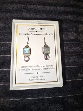 Sterling Silver Labradorite Dangle Earrings with Purple Accent